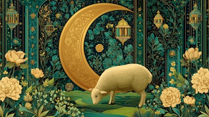 A serene Eid al-Adha visual with a sheep under a luminous crescent, surrounded by floral art and glowing lights in a lush digital design.