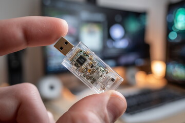 Hand holding a transparent USB drive showing internal components, blurred tech background.