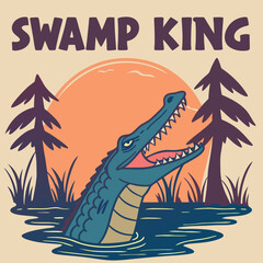 Unleash your wild side with this "Swamp King" t-shirt design! Featuring a vibrant alligator against a moonlit swamp backdrop, it&rsquo;s perfect for lovers of nature and bold adventures.