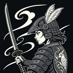 A striking monochrome design featuring a fierce warrior in traditional armor, wielding a sword with elegance. Perfect for t-shirts that embody strength, courage, and a touch of artistic flair.