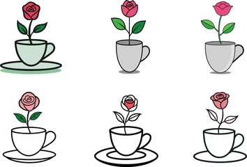 Charming Rose Flower Illustrations in Teacups with Decorative Style