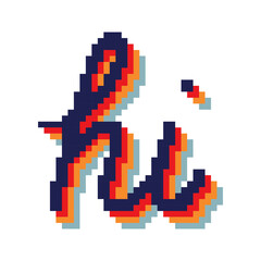 Hi is a colorful and playful font that is used to convey a friendly and welcoming message. The font is made up of various colors and has a unique, artistic style that makes it stand out. Pixel art