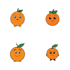 Collection of four cartoon oranges with faces and leaves arranged on a white background evenly spaced