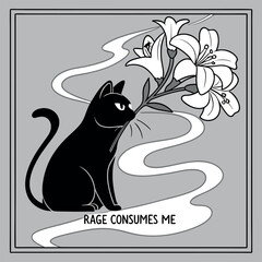 Embrace your inner feline with this striking design featuring a black cat and elegant lilies. "Rage consumes me" evokes a sense of passion and intensity, perfect for those with a bold style.