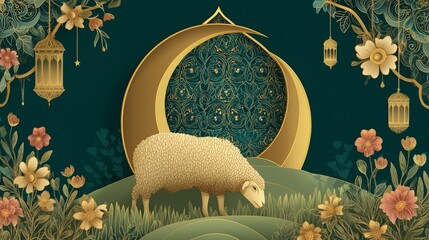 Graphic of a grazing sheep beneath a golden crescent on a green field, surrounded by lanterns and delicate Eid-themed floral decorations.