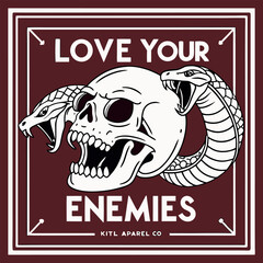 Embrace the bold with our "Love Your Enemies" t-shirt. This striking design features a skull and snakes, merging edgy aesthetics with a powerful message. Perfect for anyone who defies norms