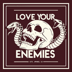 Embrace the bold with our "Love Your Enemies" t-shirt. This striking design features a skull and snakes, merging edgy aesthetics with a powerful message. Perfect for anyone who defies norms