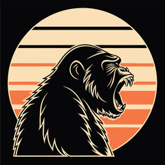 Bold and striking t-shirt design featuring a fierce gorilla in profile, set against a retro sunset backdrop. Perfect for animal lovers and those who appreciate unique graphic art.