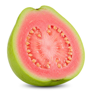 A halved guava fruit with a pink center and small seeds arranged in a circular pattern on a white background
