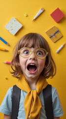  Jeune Fille amusante aux lunettes et foulard jaune au milieu d'objets scolaires symbolisant l'école et la rentrée des classes . Isolé sur fond jaune