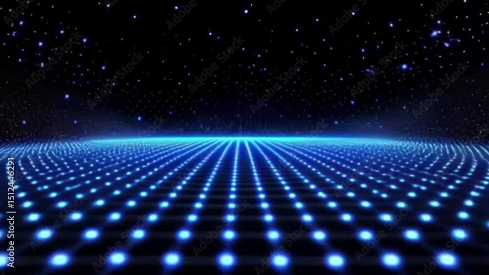 Poster abstract digital landscape blue glowing grid pattern against a dark background with scattered light 