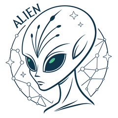 Explore the cosmos with this captivating alien t-shirt design. Featuring a striking extraterrestrial face and constellations, it's perfect for sci-fi enthusiasts and anyone who dreams of the stars.