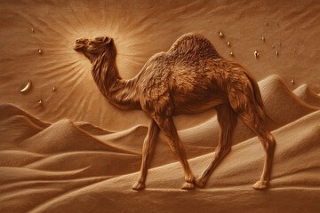 A vintage-style engraving of a camel strolling through a festive desert trail under glowing Eid lights hanging in the distance.