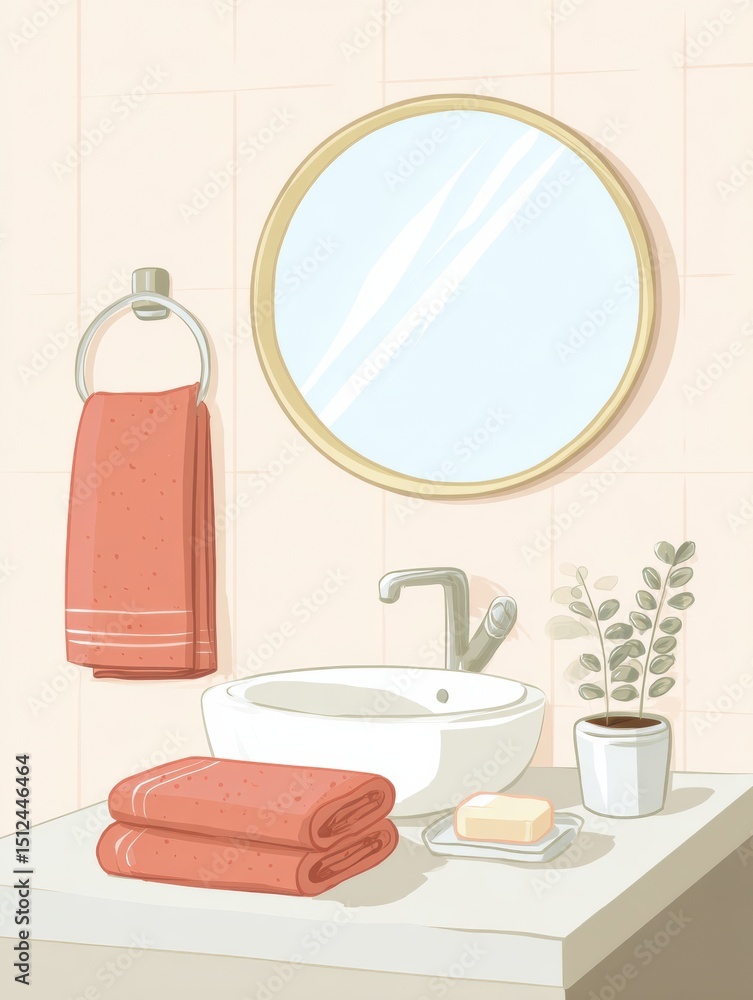Aufkleber clean and serene bathroom setting with neatly arranged towels, soap, and a bright mirror reflecting 