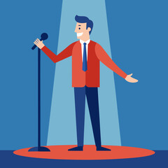 A businessman speaking into a microphone