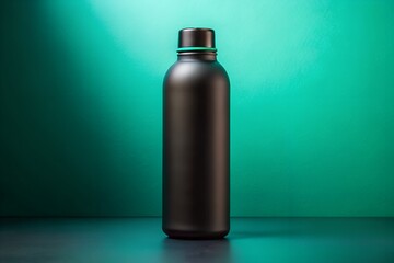 Matte Black Bottle with Neon Glow on Teal Background – Perfect for Product Advertising, Branding, and Packaging Design