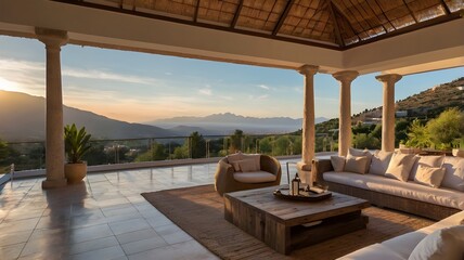 Obraz premium /Exquisite Villa with a View of the Mountains and Sunset