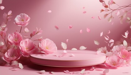 3d background pink podium display rose pink petals falling cosmetic or beauty product promotion step floral pastel pedestal abstract advertise sun shadow 3d render copy space spring mockup