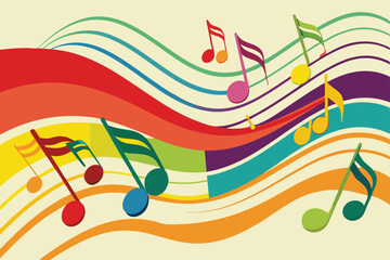 Vibrant musical background featuring colorful music notes arranged in a dynamic wave pattern perfect for music themed designs and creative