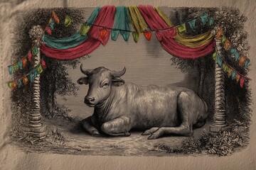 A cow rests under a decorative Eid arch with colorful flags and lights, depicted in classic engraving style with peaceful surroundings.