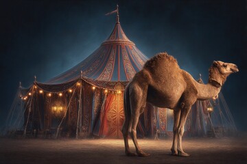 A classic engraving of a camel walking beside a festively decorated Eid tent glowing with ornate lanterns and lights in a joyful evening.