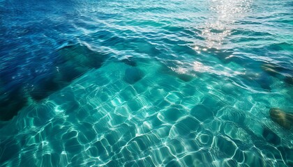 vertical close up of crystal clear seawater highlighting its transparency gentle ripples and vibrant turquoise tones evoking freshness and tranquility