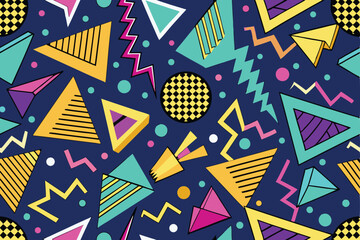 Vibrant retro 80s seamless pattern background featuring a dog illustration with vintage design elements and bold colors for a nostalgic