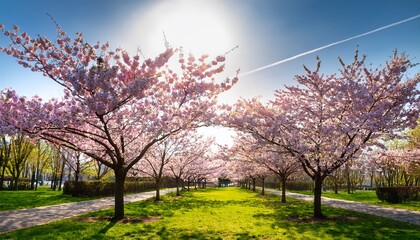 Naklejka premium cherry blossom trees blooming in a sunlit spring park