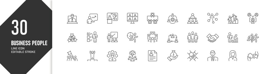 Business people teamwork in corporate environment, office collaboration icon set, UI/UX, line icon