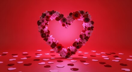Valentine's Day, red background, big heart with several flowers and leaves in the center, pink lighting, surrounded by small hearts scattered on the floor