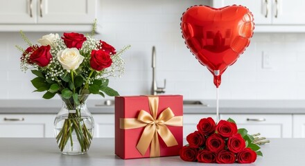 On the left, a clear glass vase contains a bouquet of several red roses, some white roses, fine green foliage and small white flowers. Next to the vase is a square, dark red gift box, fastened with a 