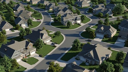 Aerial view of suburban neighborhood with curved streets and modern houses