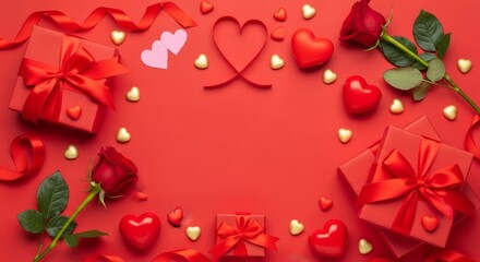 A top-down, eye-level photo on a solid red surface displays a collection of Valentine's Day-themed items arranged around a central empty space. In the upper left corner, a square red gift box is toppe
