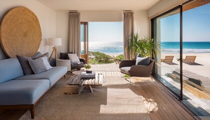 summer beach house with furniture has a living room with a view of the ocean inside a vacation home or villa