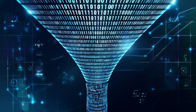 binary code funnel representing data processing and transformation