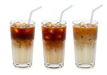 Three glasses of iced coffee with milk and ice cubes