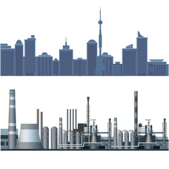 Obraz premium City skyline silhouettes with industrial and urban zones. Vector illustration isolated on white background