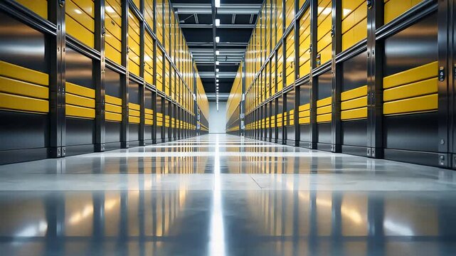 Long futuristic corridor inside modern data center with rows of yellow and black server cabinets and glossy reflective flooring perspective

