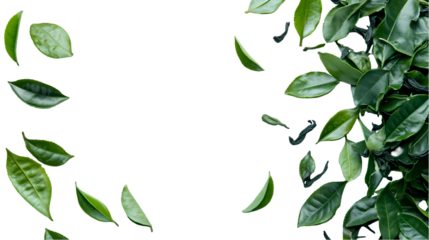 A top down view of green tea leaves scattered on a black background with a cluster on the right side isolated on transparent background