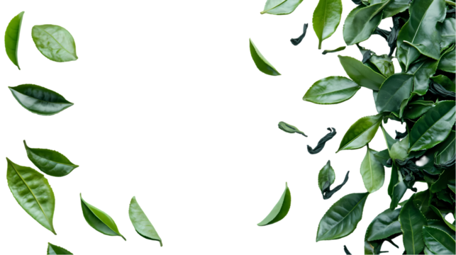 A top down view of green tea leaves scattered on a black background with a cluster on the right side isolated on transparent background