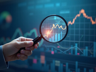 Magnifying glass highlights business growth chart with upward trend. Generative AI analysis financial success stock increase profit investment statistic performance market economy improvement