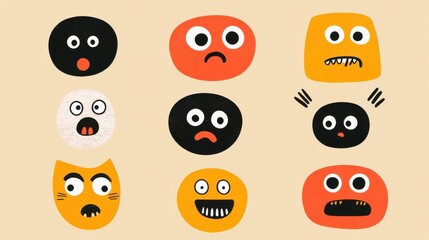 Fototapeta premium Geometric shapes characters. Polygon faces, kid drawing emotions. Circles with eyes, isolated abstract funny utter elements for education illustration , no logos, no brands