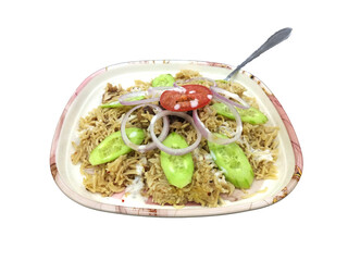 Tasty chicken pulao and salad is artistically arranged on it and it is isolated on the white...
