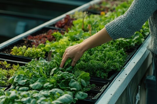 Gathering fresh greens from a home roof garden during a sunny afternoon while enjoying the benefits of urban farming and sustainable living