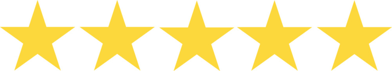 Obraz premium five golden yellow stars rating review quality excellence award symbol horizontal row perfect alignment isolated on white background.