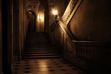Elegant royal palace hallway illuminated by soft lighting with grand staircase beckoning from the shadows at night