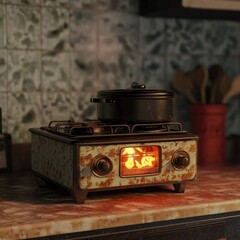 Vintage gas stove/radio.  A retro, weathered gas stove, appearing like a radio, sits on a kitchen countertop.  A pot sits on the stove