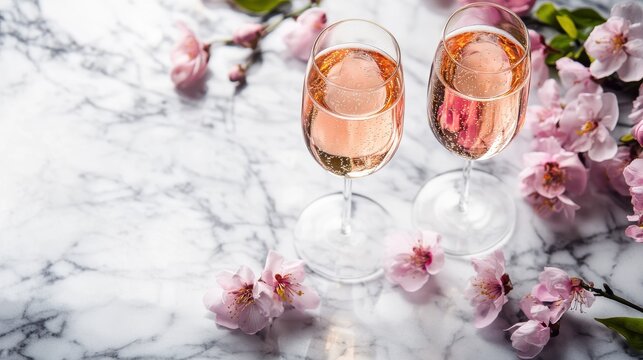 Elegant Champagne Toast for Mother's Day: Sparkling Glasses on Marble with Flowers - Perfect for Brunch Promotions