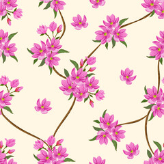 seamless vector  minimal ivy with pink flowers blossoms pattern for wallpaper, textiles, bedding, background, and designg packaging
