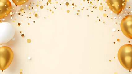 Golden and white balloons with confetti. Blank gold frame for text or logo. Festive birthday anniversary celebration background. Grand opening party template with happy event banner